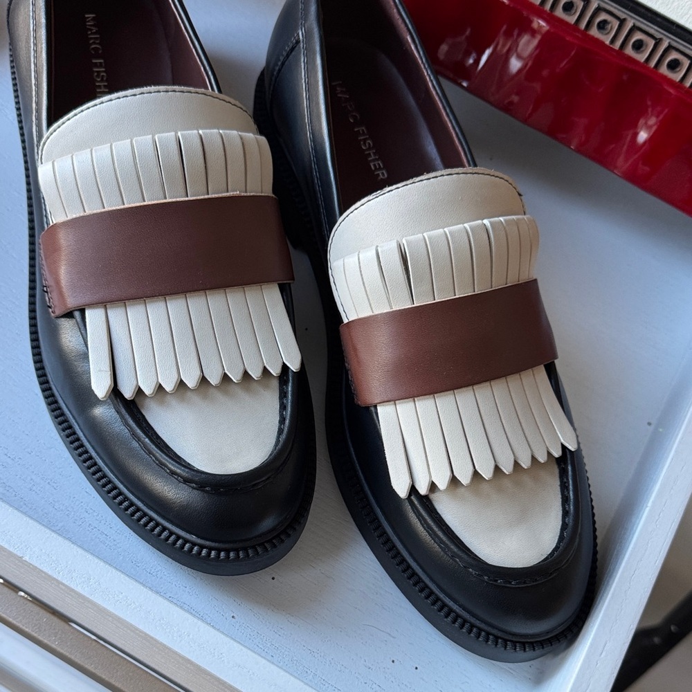 Marc Fisher Black and Cream Loafers with Brown Accent - Picture 3 of 6